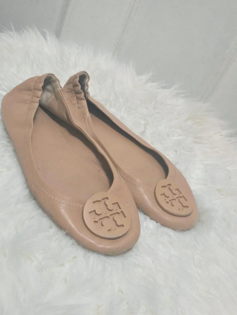 TORY BURCH Logo Minnie Travel Ballet Flat Logo - Nude - Size 7.5